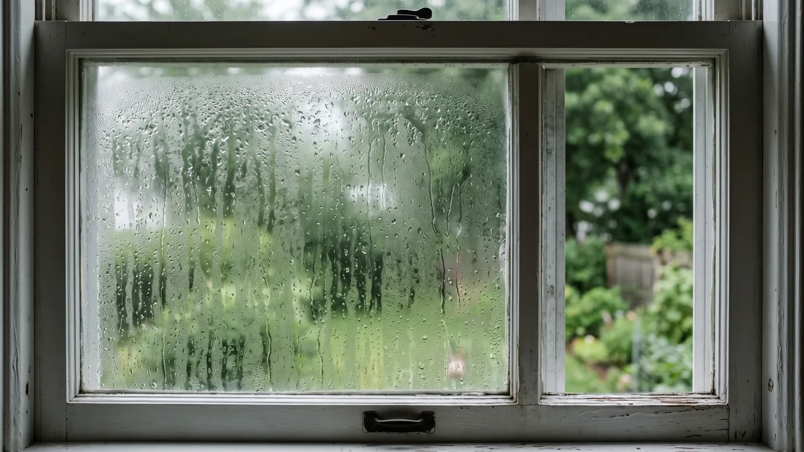 Condensation fogging a window inside a Massachusetts home on a humid August day