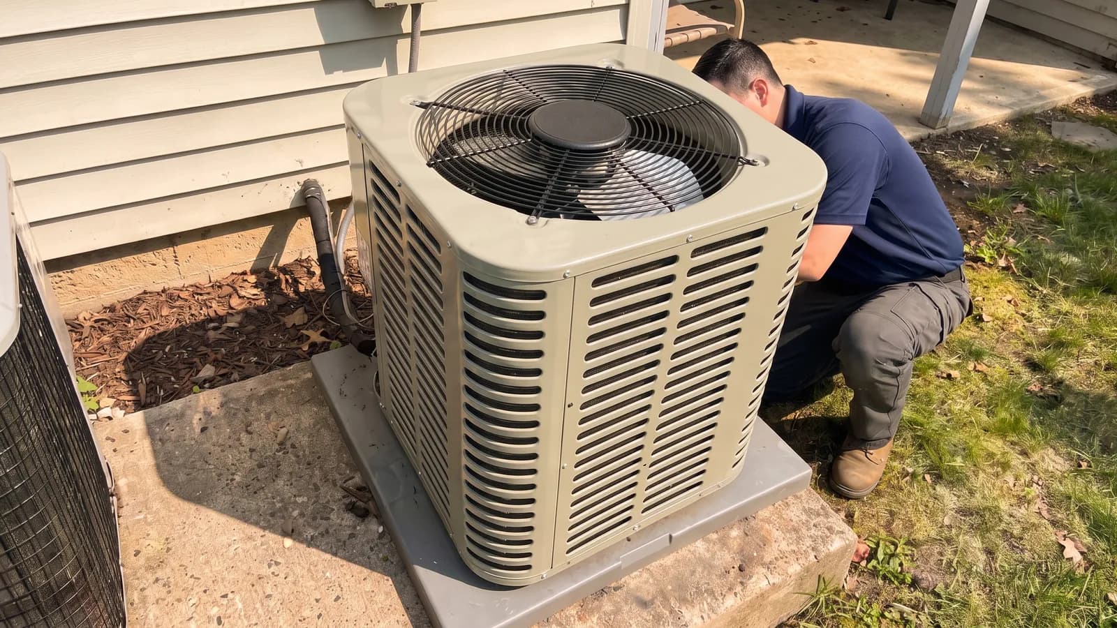 Residential central AC condenser beside a Massachusetts home on a hot summer day