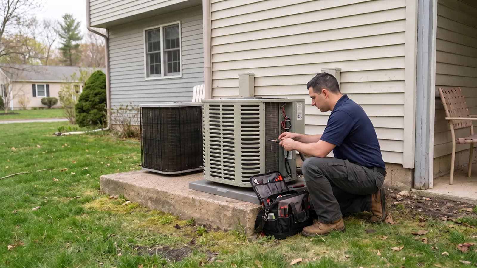 Competitive Plumbing & HVAC technician performing a spring tune-up on a residential AC condenser in Southeastern Massachusetts