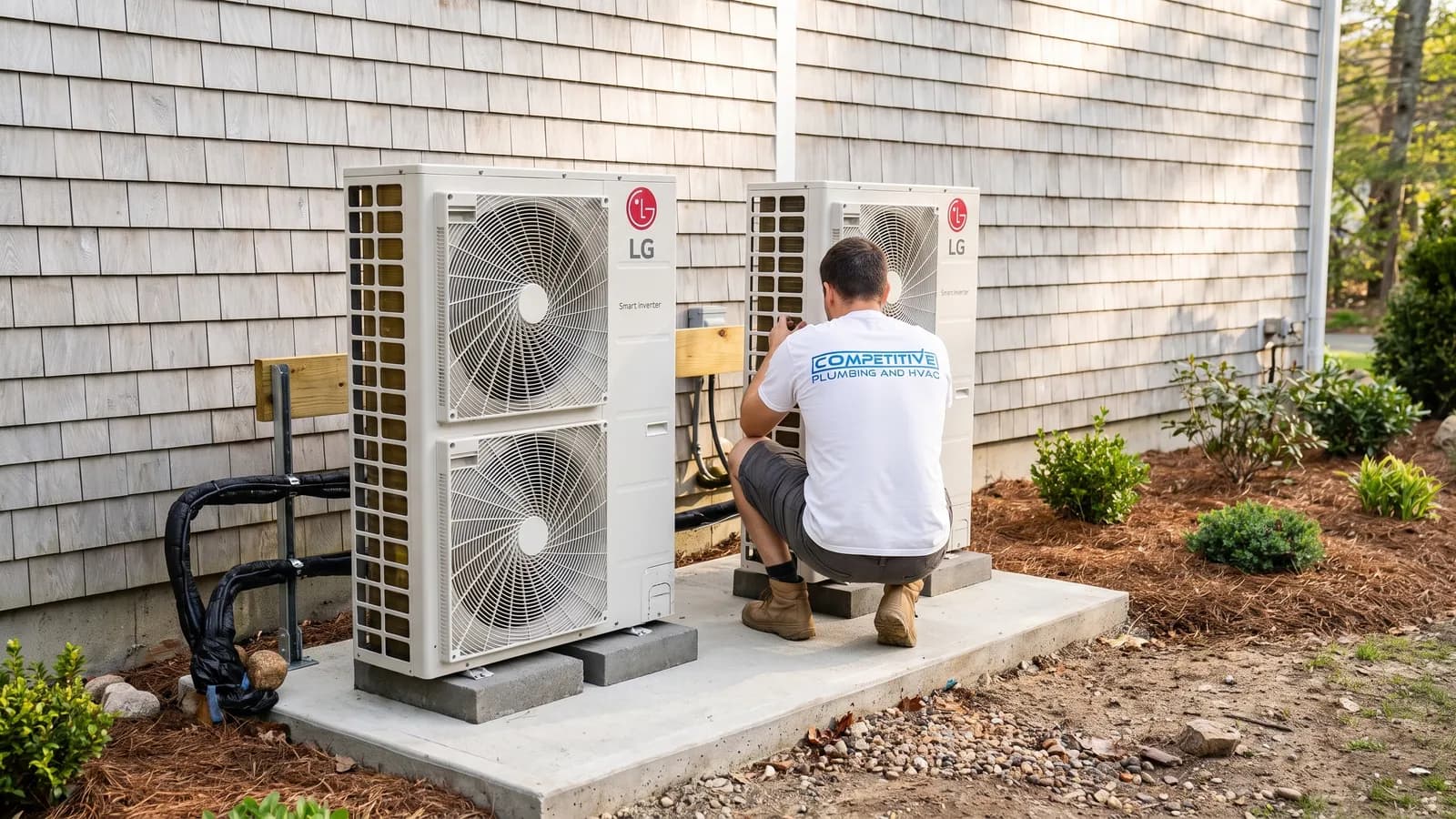 Two outdoor heat pump units installed at a Massachusetts home by Competitive Plumbing & HVAC