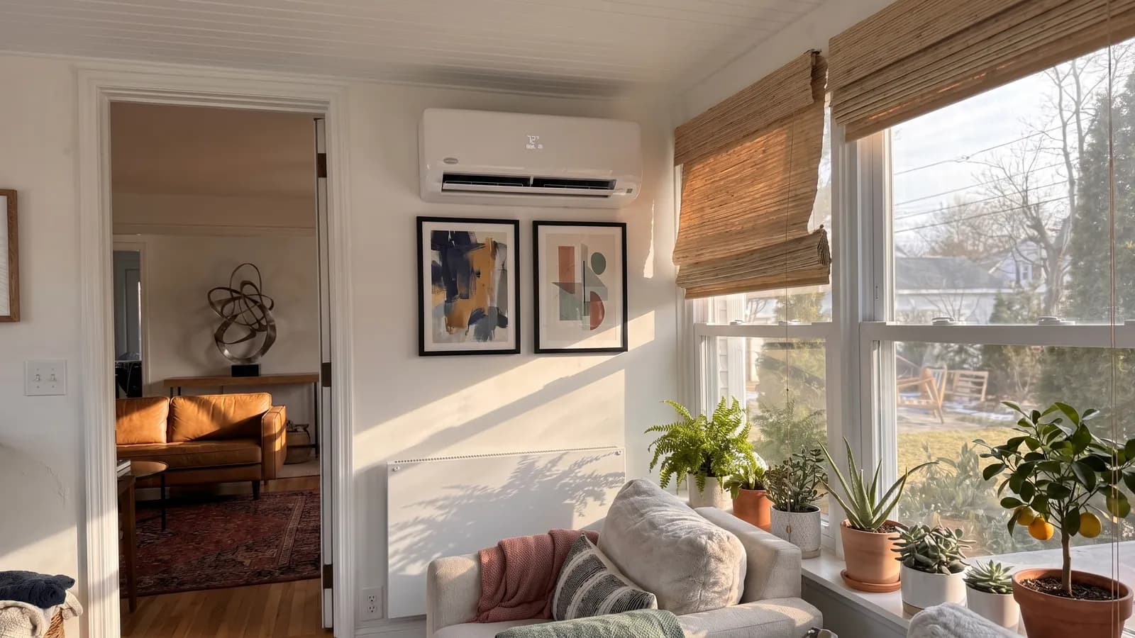Ductless mini-split indoor unit installed in the sunroom of an older Massachusetts home