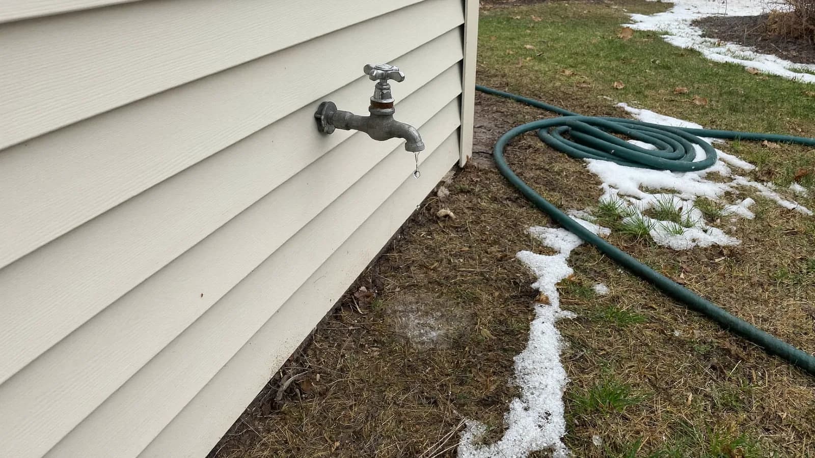 Outdoor hose bib dripping on white clapboard siding during the March thaw in Massachusetts