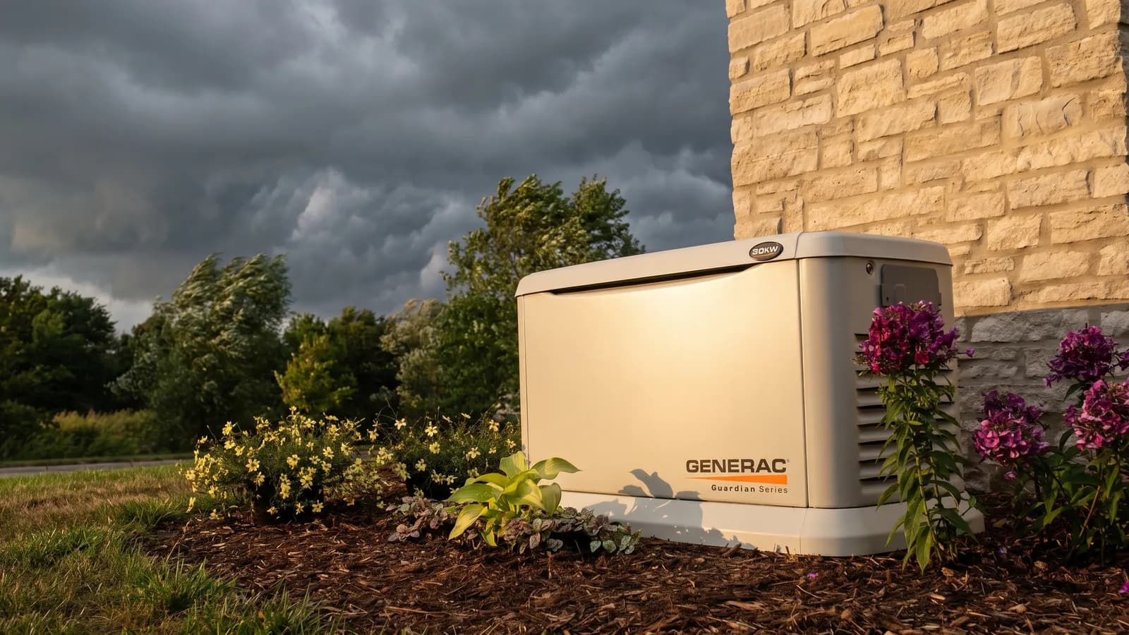 Generac standby generator installed beside a Massachusetts home under a building summer storm sky